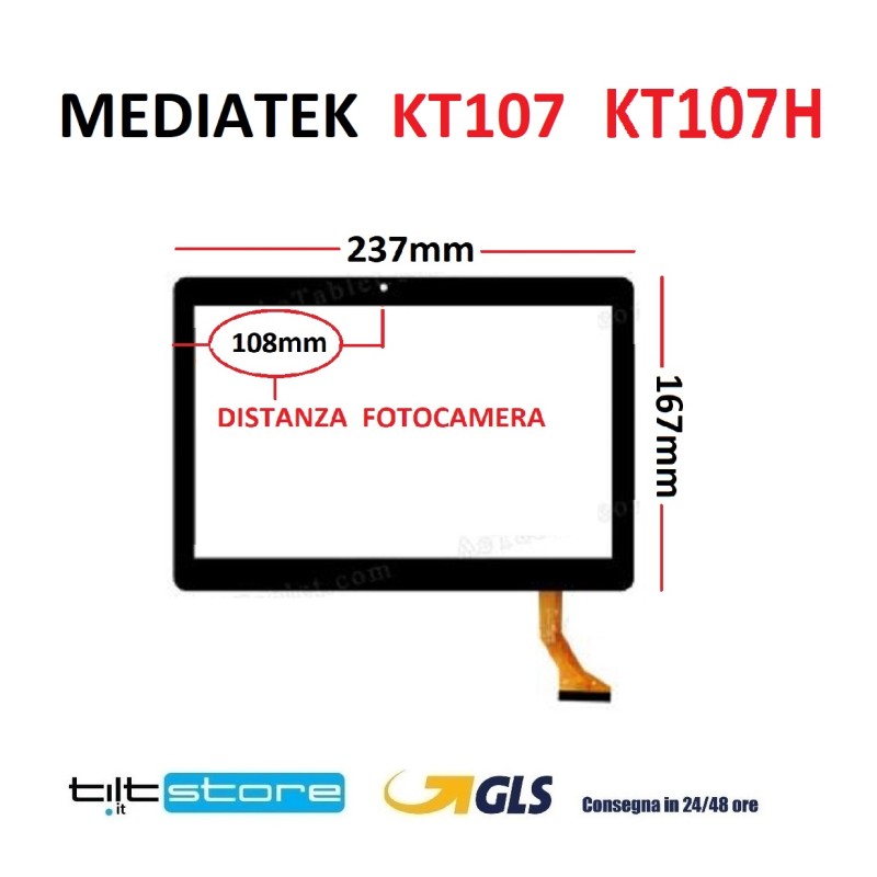 VETRO TOUCH SCREEN MEDIATEK KT107 KT107H FLAT GT10JTY131 CAMERA LATERALE SCHERMO NERO