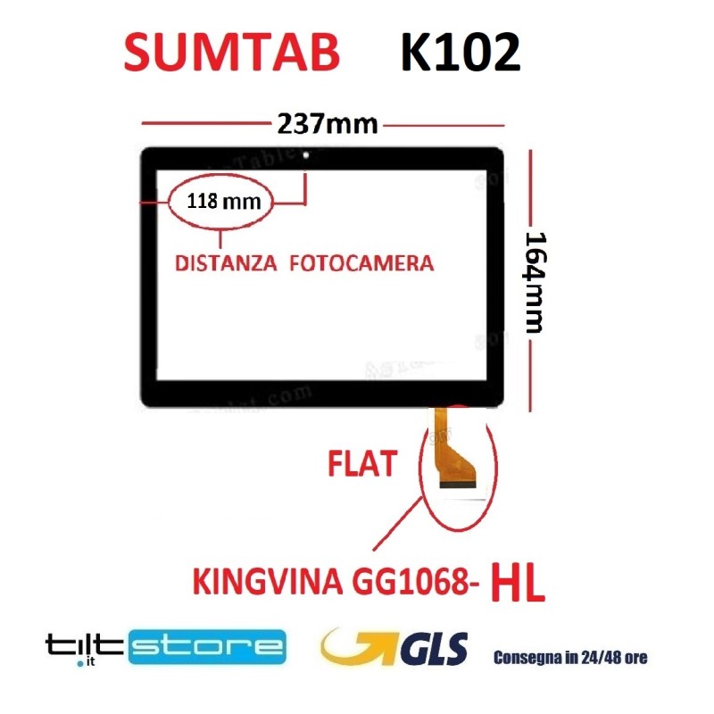 VETRO TOUCH SCREEN SUMTAB K102 FLAT KINGVINA GG1068-HL SCHERMO NERO