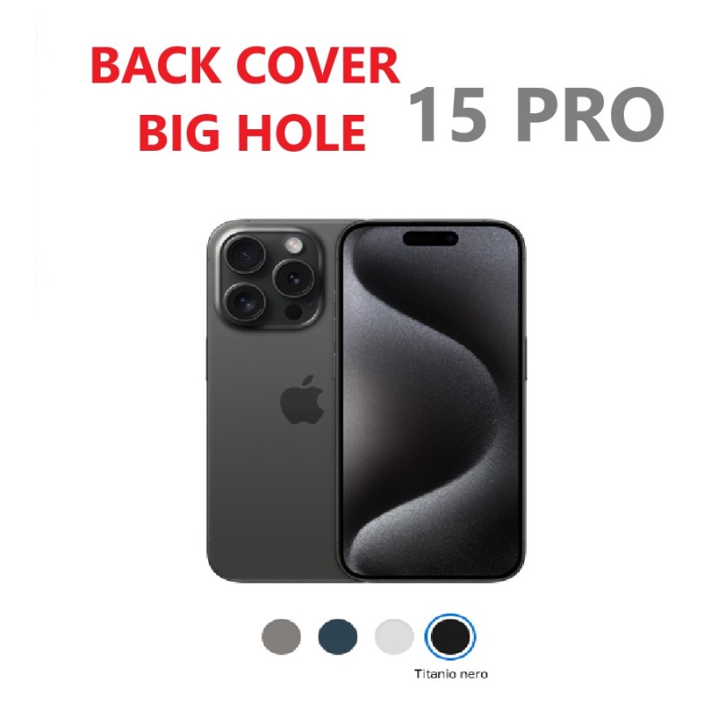 VETRO POSTERIORE IPHONE 15 PRO TITANIO NERO CON GANCI E PLACCA DI METALLO E VETRINI FOTOCAMERA
