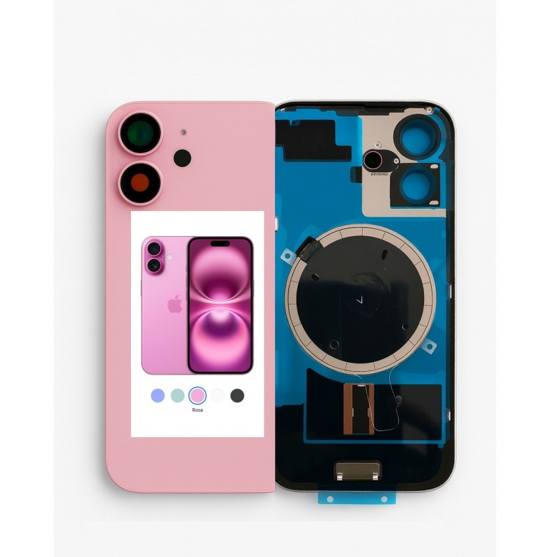 VETRO POSTERIORE IPHONE 16 ROSA CON GANCI PLACCA DI METALLO VETRINI FOTOCAMERA