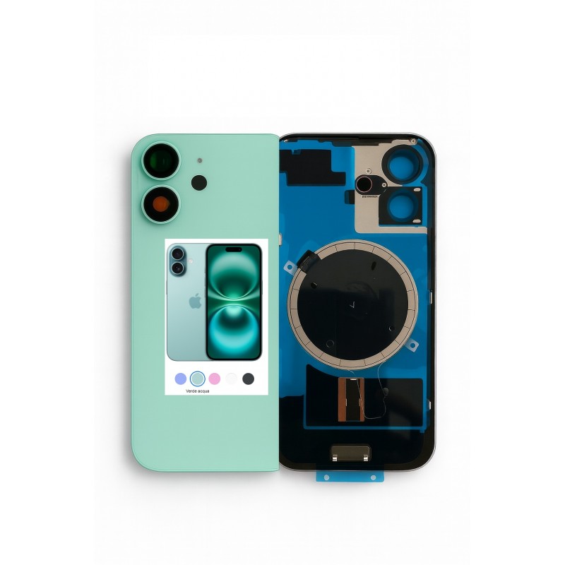 VETRO POSTERIORE IPHONE 16 VERDE CON GANCI PLACCA DI METALLO VETRINI FOTOCAMERA